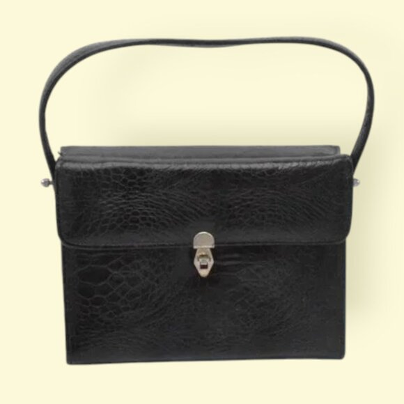 MCM Vintage Kadin Alligator Look Satchel Black Bag Purse...